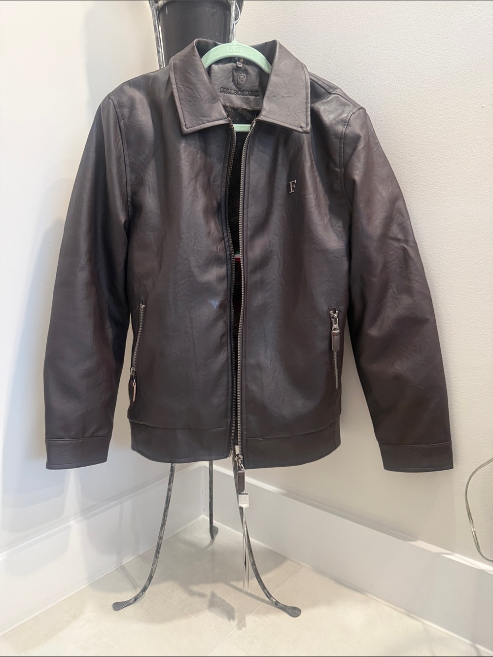 Men's Dark Brown Leather Bomber Jacket with F Logo